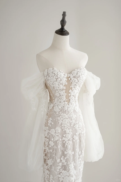 Timeless Women's White Sweetheart Wedding Dress Mermaid With Sleeves Lace for Bride Applique Brides Dress AC001