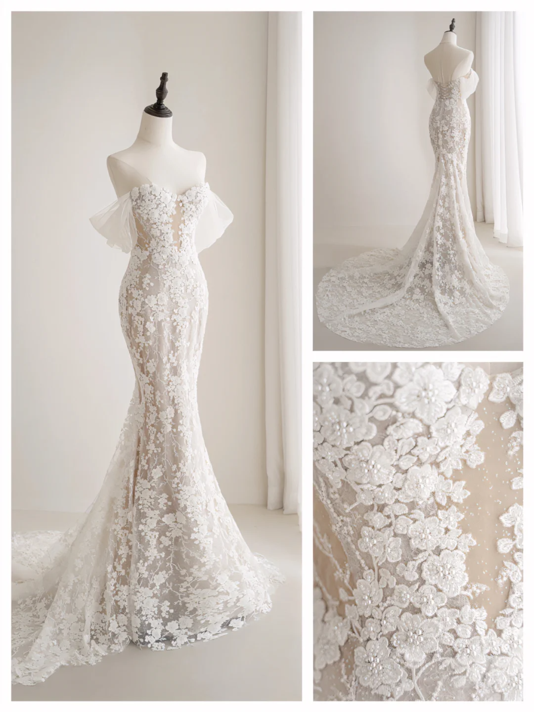Timeless Women's White Sweetheart Wedding Dress Mermaid With Sleeves Lace for Bride Applique Brides Dress AC001