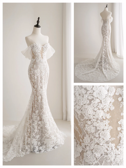 Timeless Women's White Sweetheart Wedding Dress Mermaid With Sleeves Lace for Bride Applique Brides Dress AC001