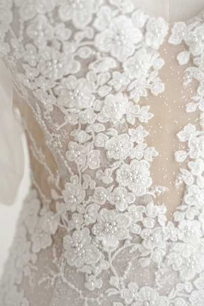 Timeless Women's White Sweetheart Wedding Dress Mermaid With Sleeves Lace for Bride Applique Brides Dress AC001