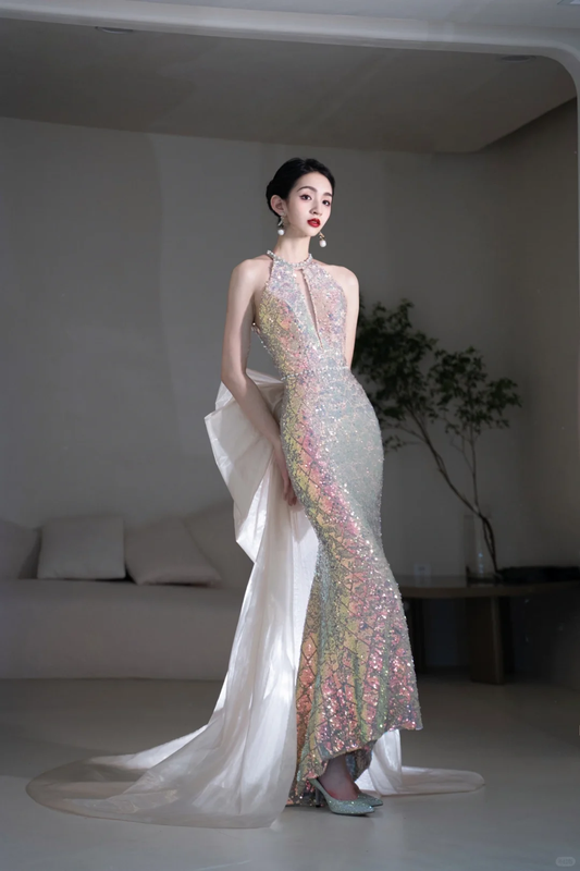 Robe de bal sirène vintage à col rond et nœud papillon, ornée de sequins, pour adolescentes - Tenue de soirée - Robe de bal AC002