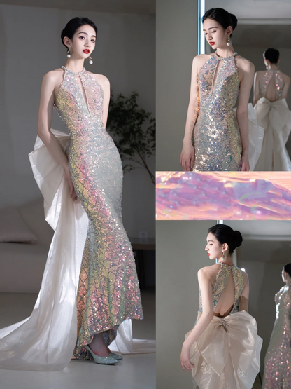 Vintage Mermaid Scoop Neck With Bow-knot Sequin Prom Dresses For Teens Formal Dress Party Outfits Prom Gowns AC002