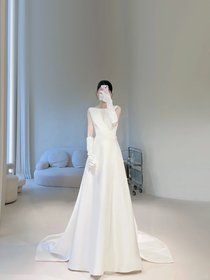 Timeless Women's White Scoop A Line Wedding Dresses With Bow-knot Satin for Brides Dress AC003