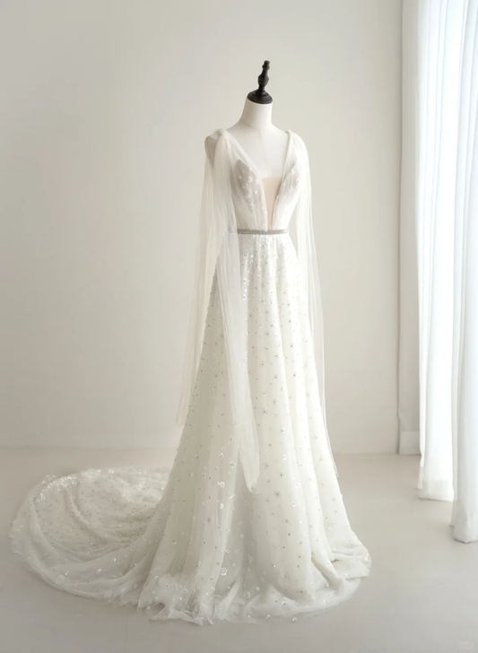 Elegantes, weißes Tüll-Abendkleid in A-Linie mit V-Ausschnitt, langes Partykleid AC004