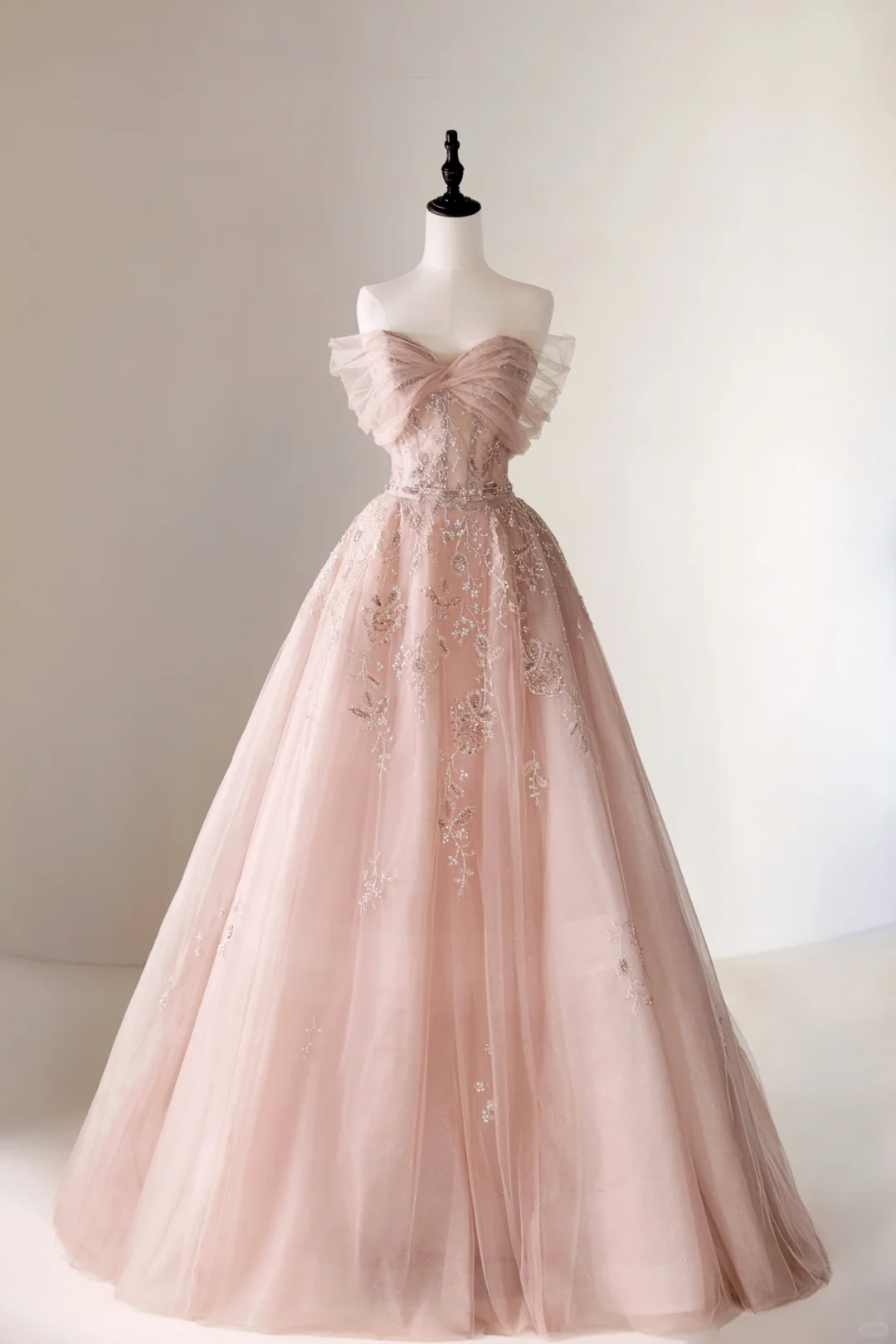 Modest Ball Gown Off The Shoulder Blush Pink Lace Tulle Prom Dresses Long Party Dress Evening Dresses AC005