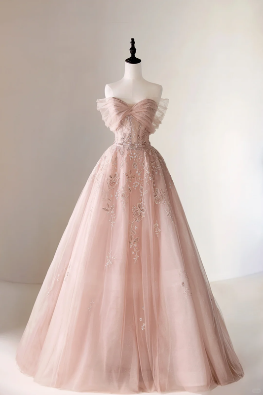 Elegantes Ballkleid mit schulterfreiem Ausschnitt aus rosafarbener Spitze und Tüll, langes Partykleid, Abendkleid AC005
