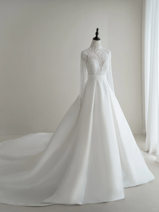 Timeless Women's White Ball Gown High Neck Long Sleeves Satin Wedding Dresses With Lace for Brides Dress AC008