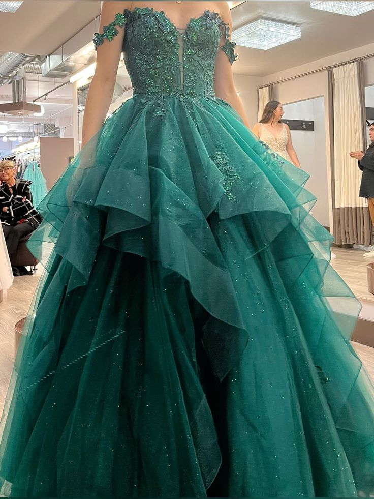 Elegantes Ballkleid mit herzförmigem Ausschnitt, smaragdgrünem Tüll und Spitzenapplikationen, langes Partykleid, Abendkleid AC011