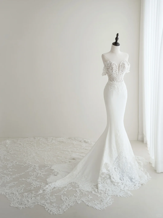 Timeless Women's White Off The Shoulder Wedding Dress Mermaid With Sleeves Lace for Bride Applique Brides Dress AC018