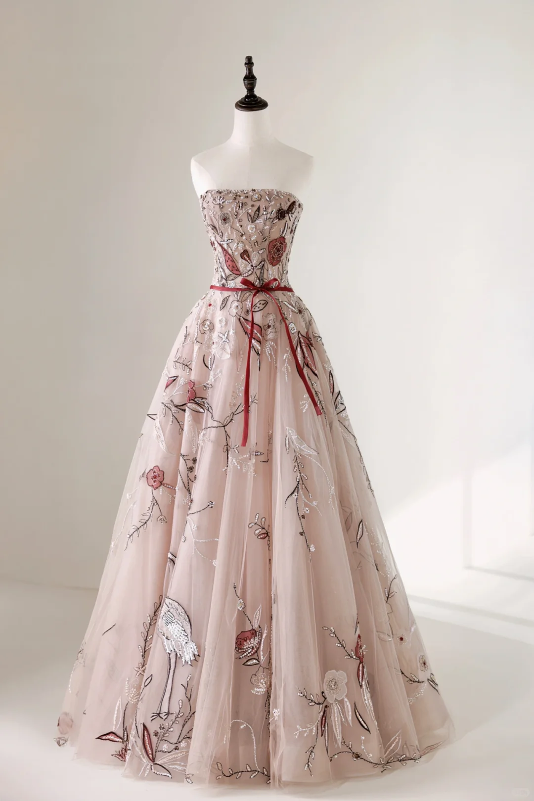Modest Ball Gown Strapless Pink Tulle Lace Prom Dresses Long Party Dress Evening Dresses AC016