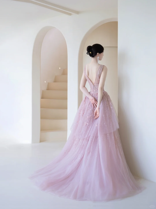 Elegantes Ballkleid mit V-Ausschnitt, rosa Tüll, Perlenbesatz, langes Partykleid, Abendkleid AC019