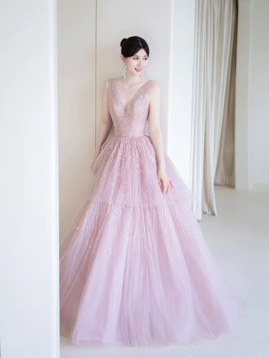 Elegantes Ballkleid mit V-Ausschnitt, rosa Tüll, Perlenbesatz, langes Partykleid, Abendkleid AC019
