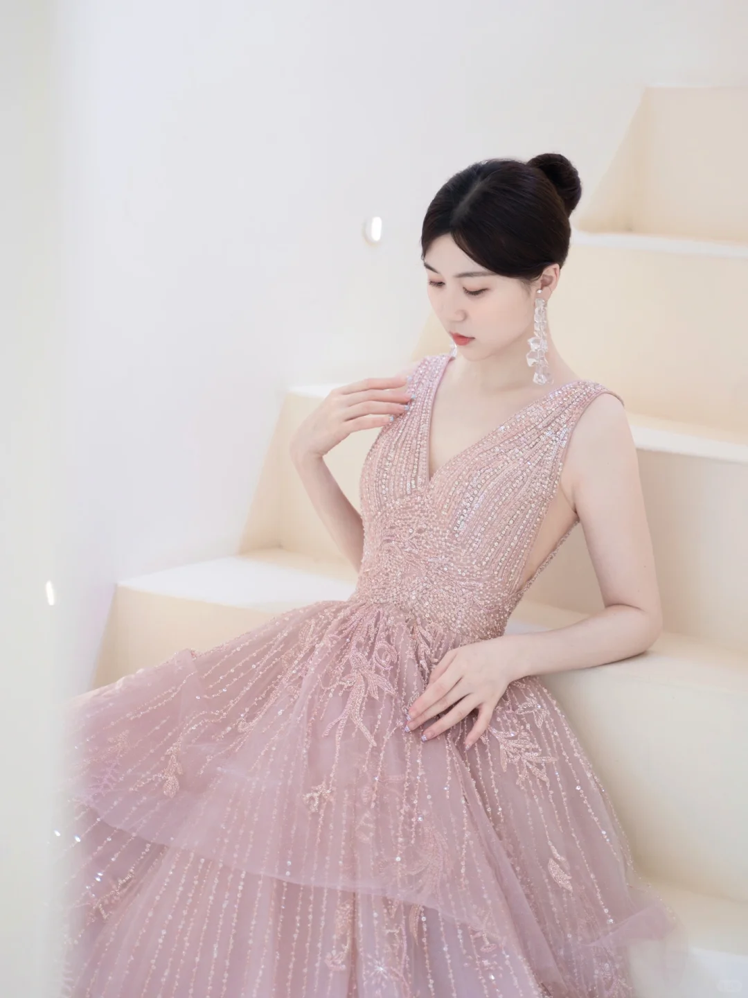 Modest Ball Gown Strapless Chocolate Tulle Beaded Prom Dresses Long Party Dress Evening Dresses AC027