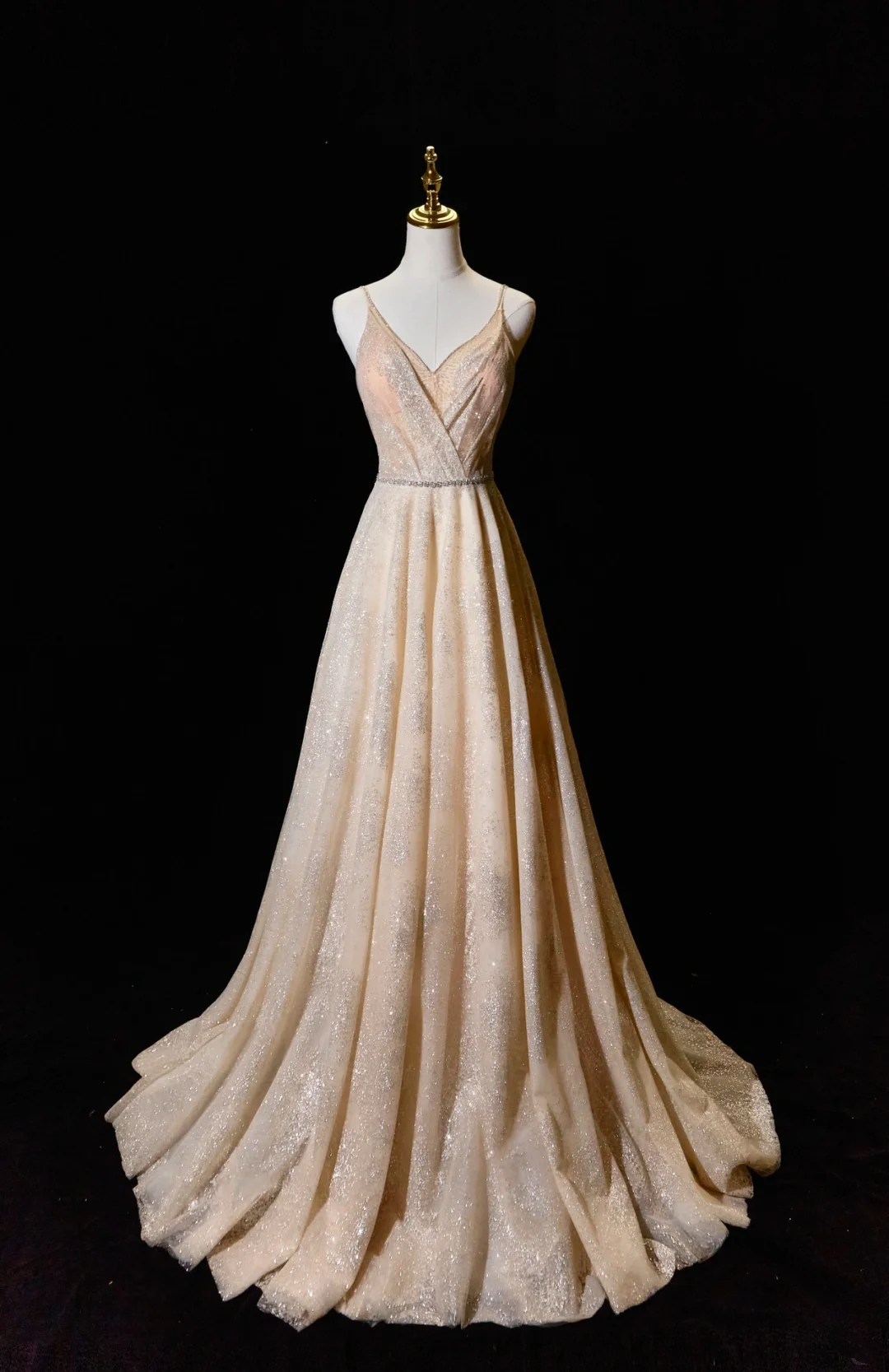 Modest A line Spaghetti Straps Champagne Sequin Prom Dresses Long Party Dress Evening Dresses AC20