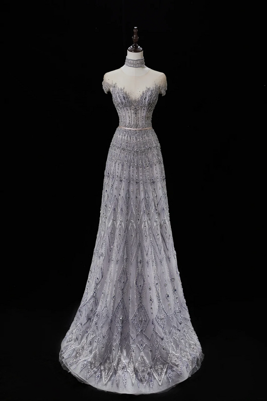 Vintage A-Linien-Abendkleid mit Rundhalsausschnitt und kurzen Ärmeln, silbergrau, lang, ästhetisch für Teenager, formelles Kleid, Party-Outfit, Ballkleid AC10