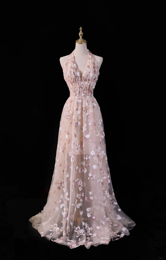 Vintage A-Linien-Abendkleid mit Neckholder, rosa Spitze, rückenfrei, lang, ästhetisch für Teenager, formelles Kleid, Party-Outfit, Ballkleid AC026