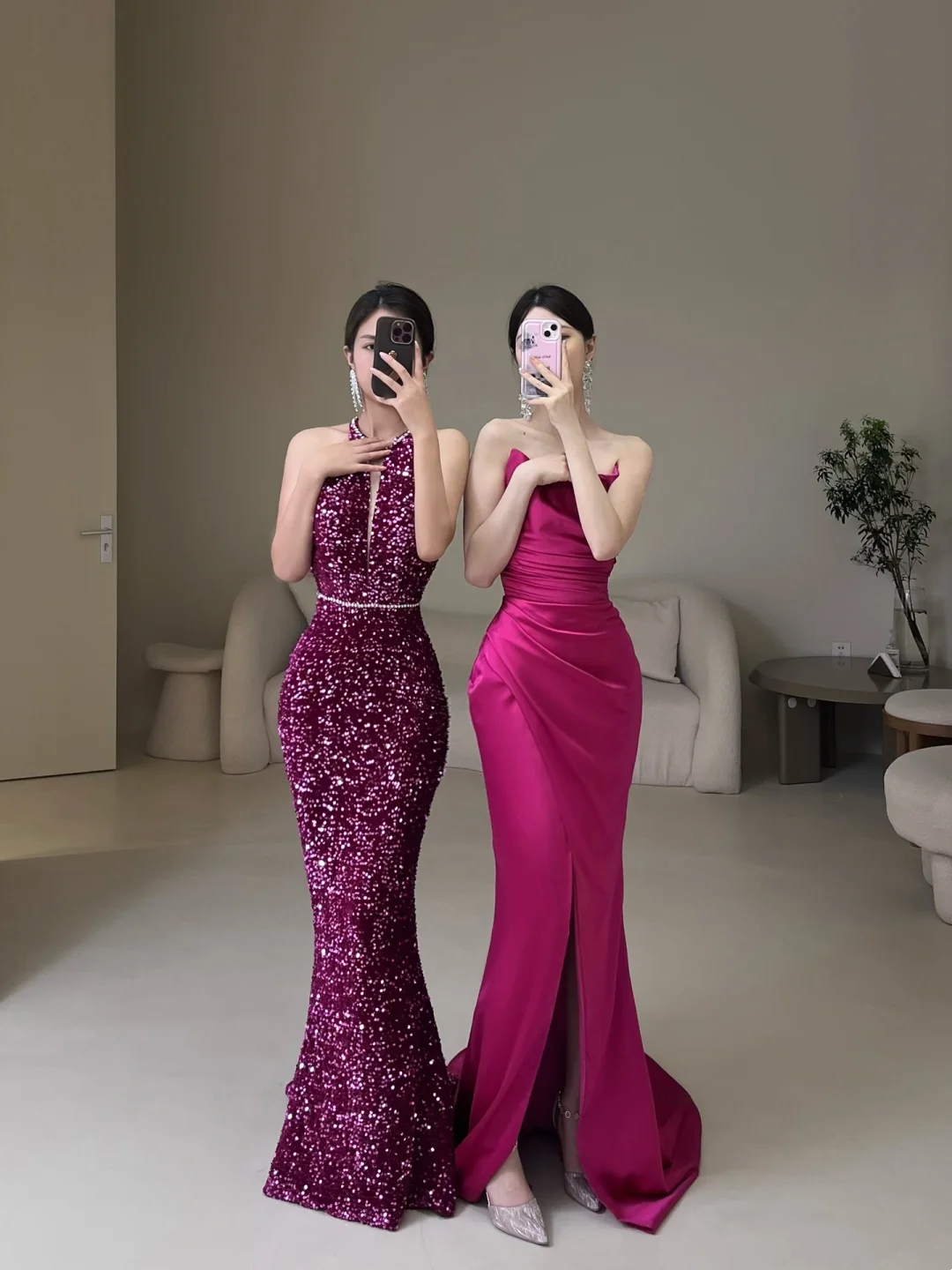 Modest Mermaid Strapless Fuchsia Sequin Prom Dresses Long Party Dress Evening Dresses ACC27