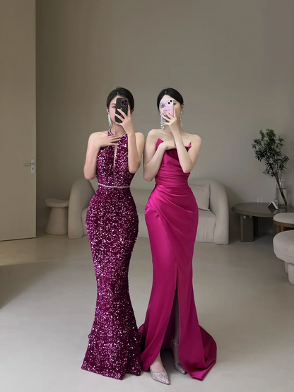 Modest Mermaid Strapless Fuchsia Sequin Prom Dresses Long Party Dress Evening Dresses ACC27