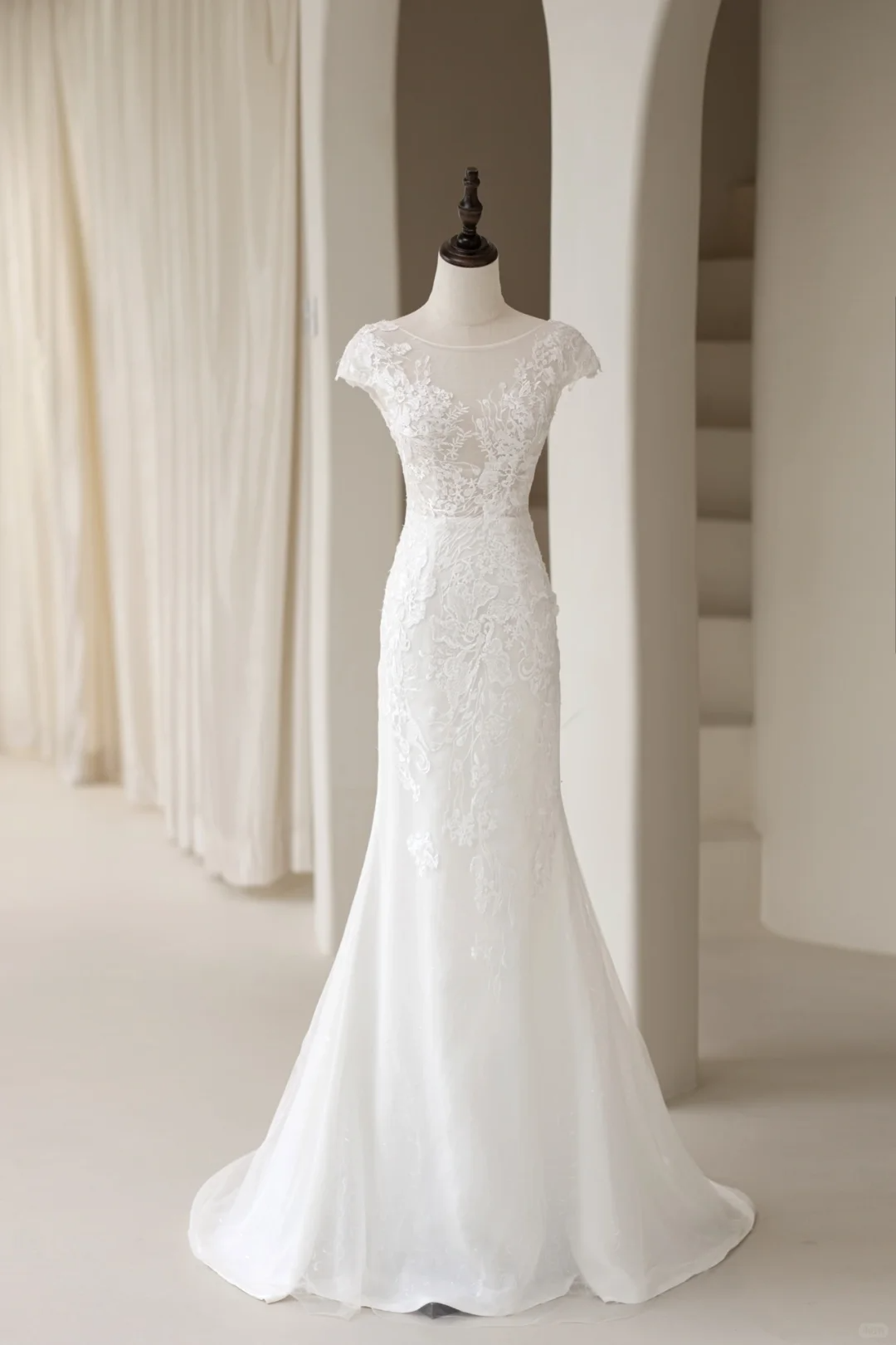 Robe de mariée sirène de luxe pour femme, manches bateau, dentelle et tulle, coupe balayée, AC030