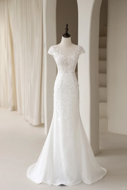 Robe de mariée sirène de luxe pour femme, manches bateau, dentelle et tulle, coupe balayée, AC030