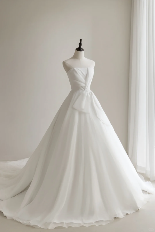 Simple Women’s A Line Strapless Bridal Wedding Dresses With Pleated Floor Length Chiffon Brides Gown for Bride A041