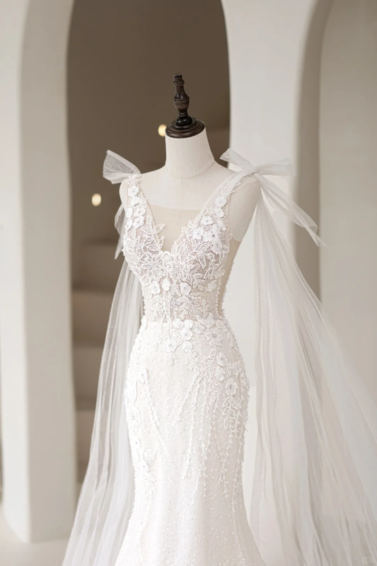 Timeless Women's Mermaid V Neckline Sequins White Tulle With Appliques Wedding Dress Mermaid for Bride Dresses AC042