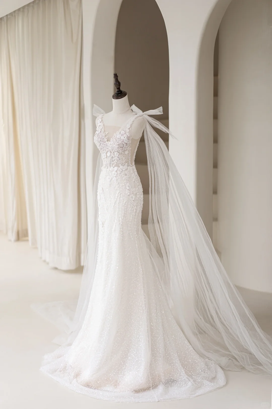 Timeless Women's Mermaid V Neckline Sequins White Tulle With Appliques Wedding Dress Mermaid for Bride Dresses AC042