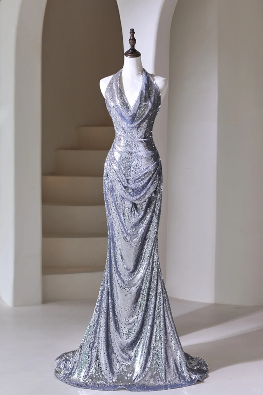 Modest Mermaid Halter Silver Sequins For Women Party Dress Long Formal Prom Dresses 22th Birthday Outfits AC049