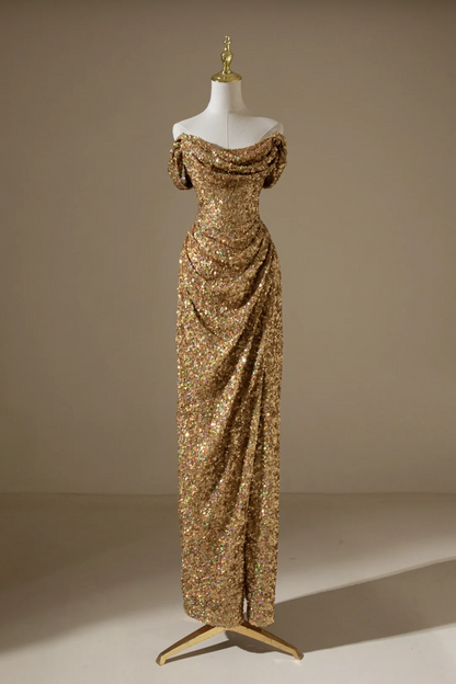 Elegantes Meerjungfrauen-Kleid mit schulterfreiem Ausschnitt und goldenen Pailletten für Damen – langes, formelles Ballkleid, Outfit für den 22. Geburtstag AC050