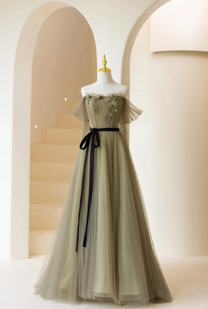Bezauberndes, schulterfreies, olivgrünes Tüll-Abendkleid – das perfekte Outfit für den 18. Geburtstag (Modell A858).