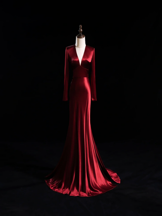 Elegantes Meerjungfrauenkleid aus burgunderrotem Satin mit V-Ausschnitt und langen Ärmeln – perfekt für festliche Anlässe wie Abschlussbälle oder den 22. Geburtstag (Modell CX055).