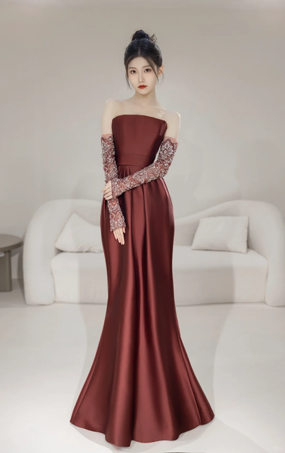Robe de soirée sirène bustier modeste avec gants, manches longues, en satin bordeaux, idéale pour un bal de promo ou un 22e anniversaire (AC056)
