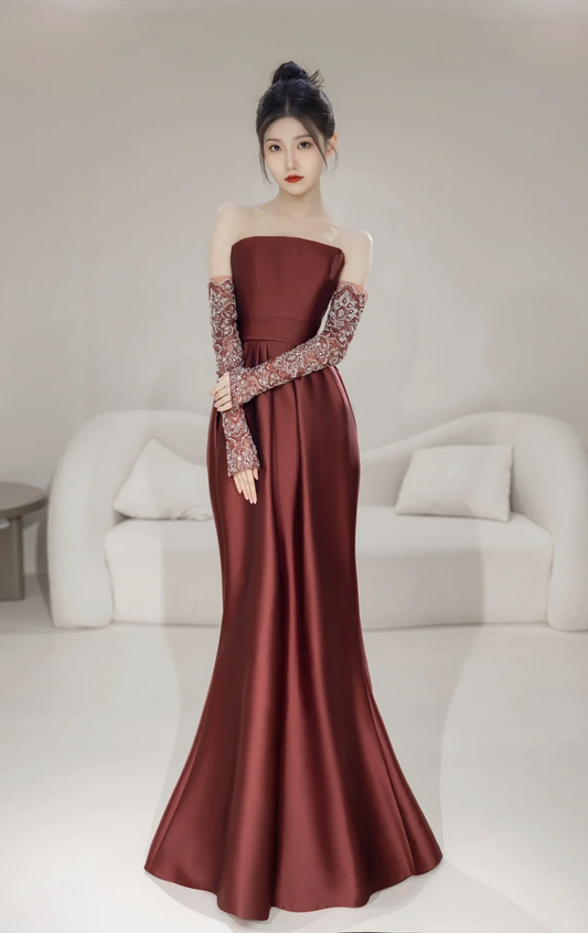 Elegantes, trägerloses Meerjungfrauen-Kleid mit Handschuhen, langen Ärmeln, burgunderrotem Satin, für Damen, Partykleid, langes formelles Ballkleid, Outfit zum 22. Geburtstag AC056