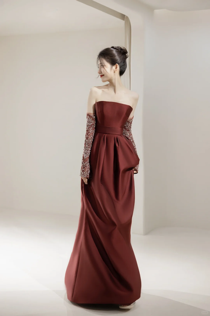 Robe de soirée sirène bustier modeste avec gants, manches longues, en satin bordeaux, idéale pour un bal de promo ou un 22e anniversaire (AC056)