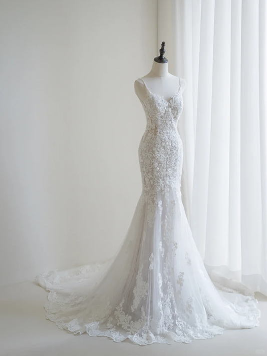 Timeless Women's Mermaid Spaghetti Straps White Tulle With Lace Appliqued Wedding Dress Mermaid for Bride Dresses AC061
