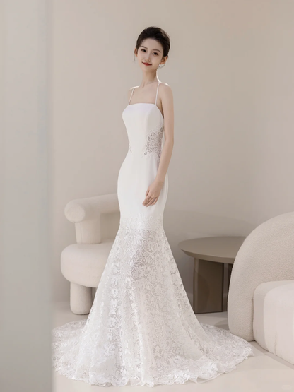 Timeless Women's Mermaid Spaghetti Straps White Tulle With Lace Appliqued Wedding Dress for Bride Dresses AC063
