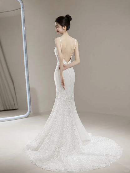 Timeless Women's Mermaid Spaghetti Straps White Tulle With Lace Appliqued Wedding Dress for Bride Dresses AC063