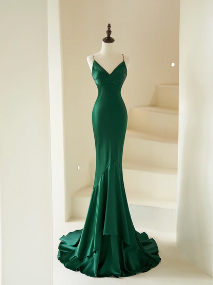 Robe sirène modeste à fines bretelles ornée de perles, longue en satin vert foncé, idéale pour une soirée, un bal de promo ou un anniversaire (22 ans) - AC065