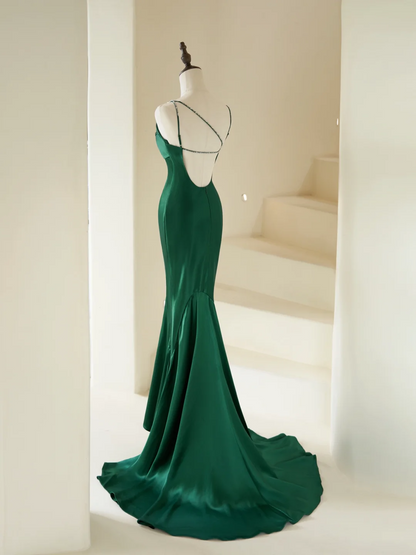 Robe sirène modeste à fines bretelles ornée de perles, longue en satin vert foncé, idéale pour une soirée, un bal de promo ou un anniversaire (22 ans) - AC065