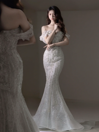 Brautkleid im Meerjungfrauenstil mit schulterfreiem Ausschnitt, Ärmeln und Perlenbesatz, bodenlang, für Damen, AC066