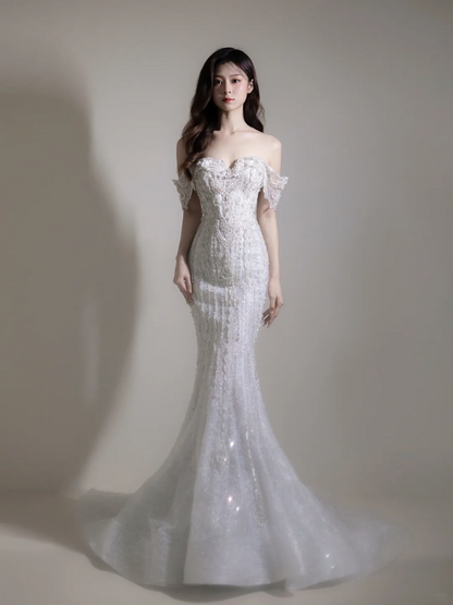 Brautkleid im Meerjungfrauenstil mit schulterfreiem Ausschnitt, Ärmeln und Perlenbesatz, bodenlang, für Damen, AC066