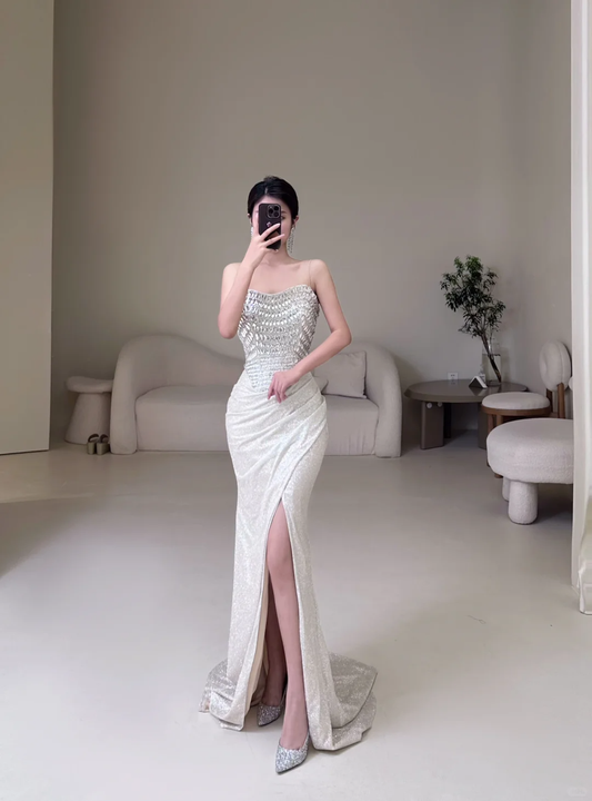 Prinzessin Meerjungfrau ärmelloses, trägerloses Prinzessinnenkleid mit Perlen für Damen, Partykleid, formelles Ballkleid, Outfit zum 22. Geburtstag AC069