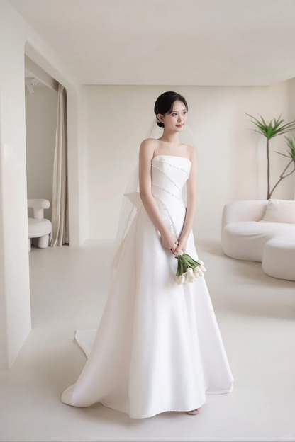Robe de mariée bustier sans bretelles ornée de perles, longueur au sol, pour femme, référence AC069