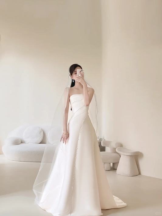 Women’s Ball Gown Strapless Bridal Wedding Dresses With Pearls Floor Length Brides Gown for Bride AC069