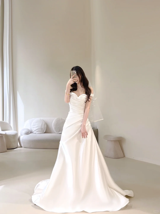 Charming Women's Mermaid Off The Shoulder With Short Sleeves White Satin Wedding Dresses A069