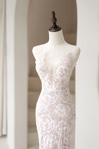 Timeless Women's Mermaid Spaghetti Straps Champagne White Lace Wedding Dress Mermaid for Bride Dresses AC031