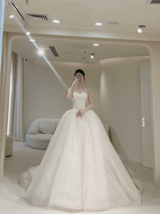 Women’s Ball Gown Strapless Bridal Wedding Dress With Pleated Floor Length Brides Gown for Bride AB1019