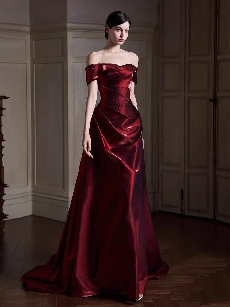Elegantes, schulterfreies, burgunderrotes, langes Meerjungfrauen-Abendkleid aus Satin, perfekt für festliche Anlässe wie Ball, Tanz und Party (AQ132)