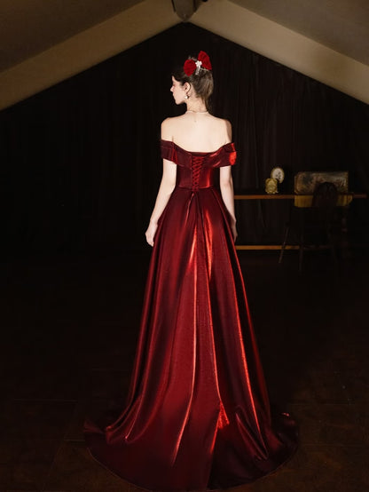 Elegantes, schulterfreies, burgunderrotes, langes Meerjungfrauen-Abendkleid aus Satin, perfekt für festliche Anlässe wie Ball, Tanz und Party (AQ132)
