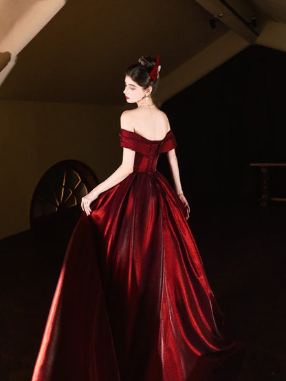 Elegantes, schulterfreies, burgunderrotes, langes Meerjungfrauen-Abendkleid aus Satin, perfekt für festliche Anlässe wie Ball, Tanz und Party (AQ132)